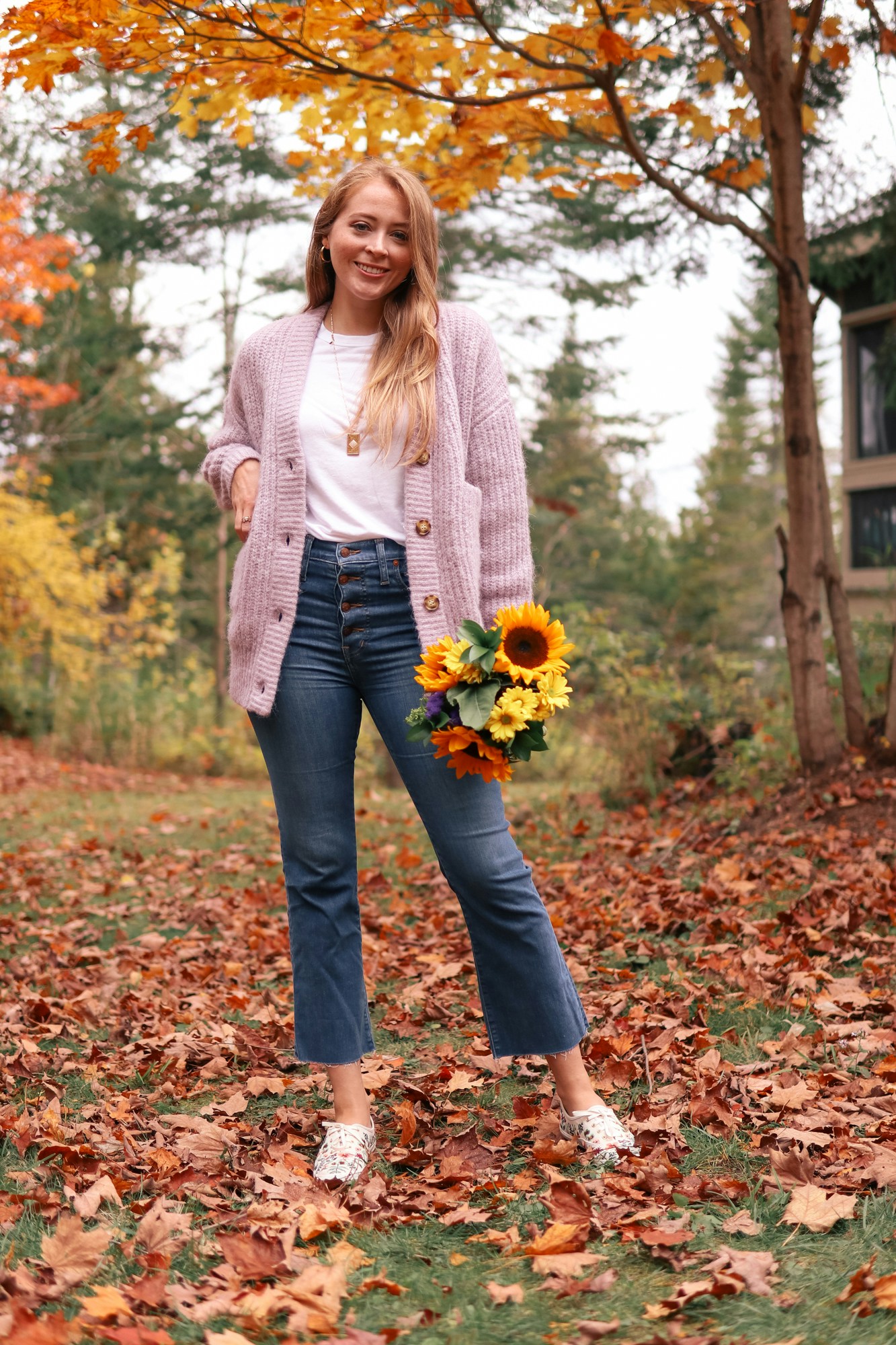 Purple oversized cardigan, Madewell Cali Demi-Boot Jeans, espadrilles fall outfit