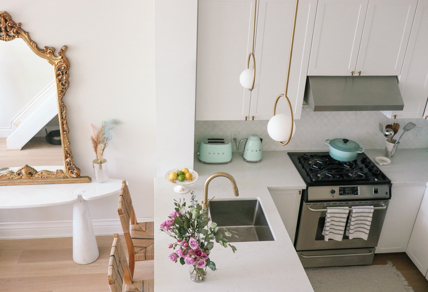 Renovating your kitchen on a budget? These frugal reno tips will help you remodel your kitchen on the cheap with beautiful brass pendants, gold faucet, marble backsplashes and pretty kitchen accessories to pull it all together.