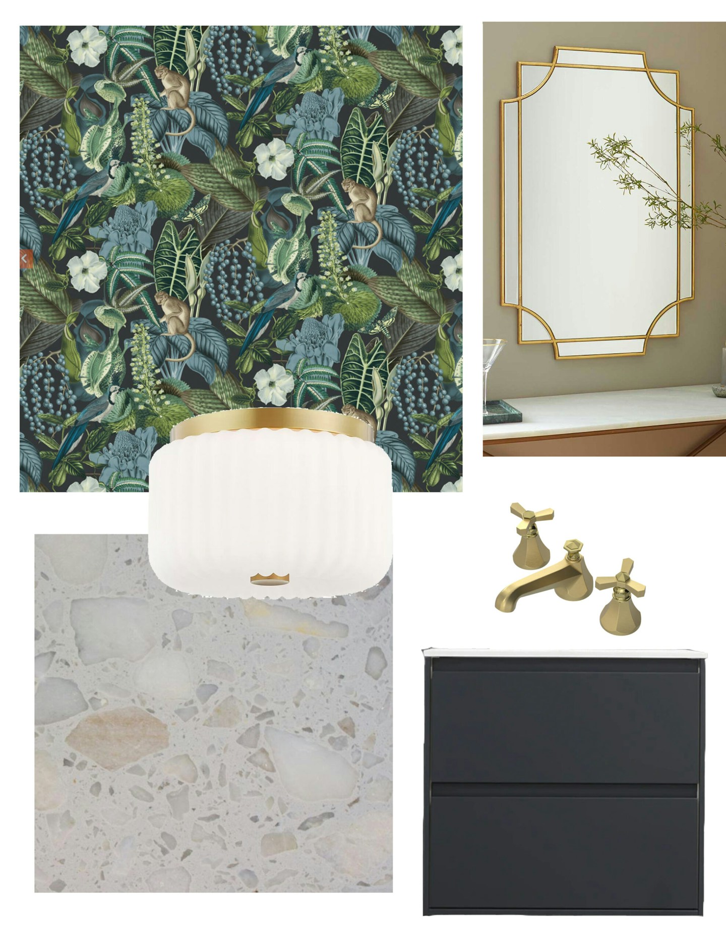 Moody Dark Powder Room Inspiration: this Amazon wallpaper from Wallpaper Direct is a stunning, whimsical design, that we accented with terrazzo tile and brass fixtures.