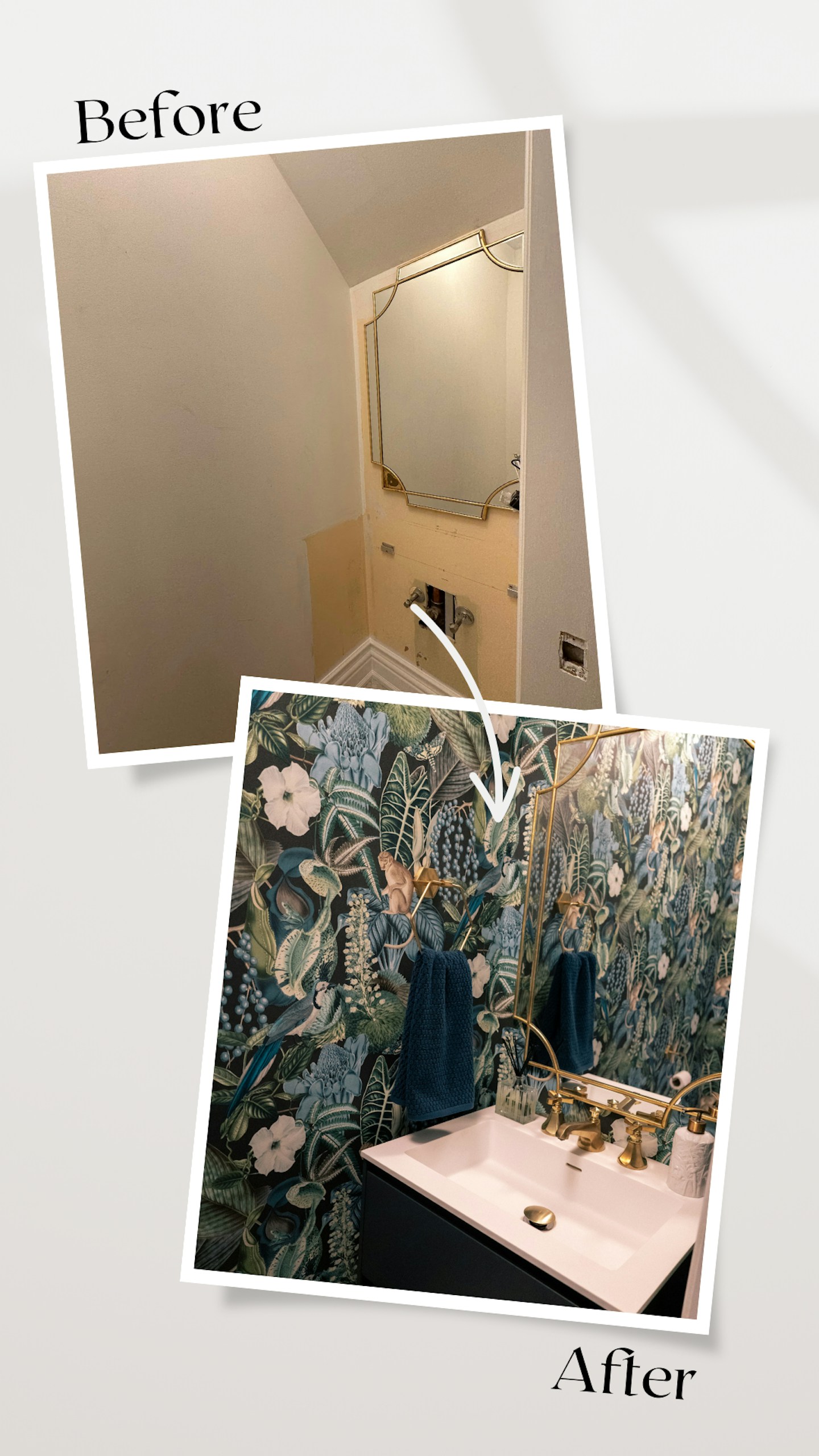 Before and After - Tropical Wallpaper Powder Room Makeover ft. Amazon by Albany wallpaper from Wallpaper Direct.